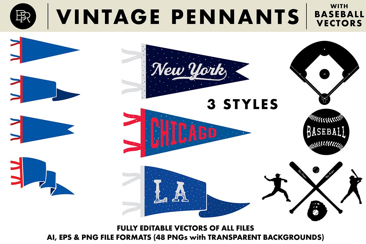 Vintage Pennants + Baseball Vectors - Brian Ritter Design